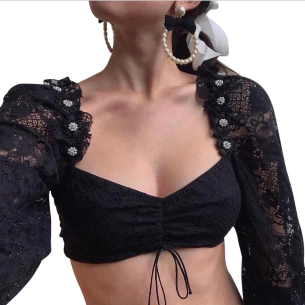 NWT For Love & Lemons Black Lace Pearls Crop Top